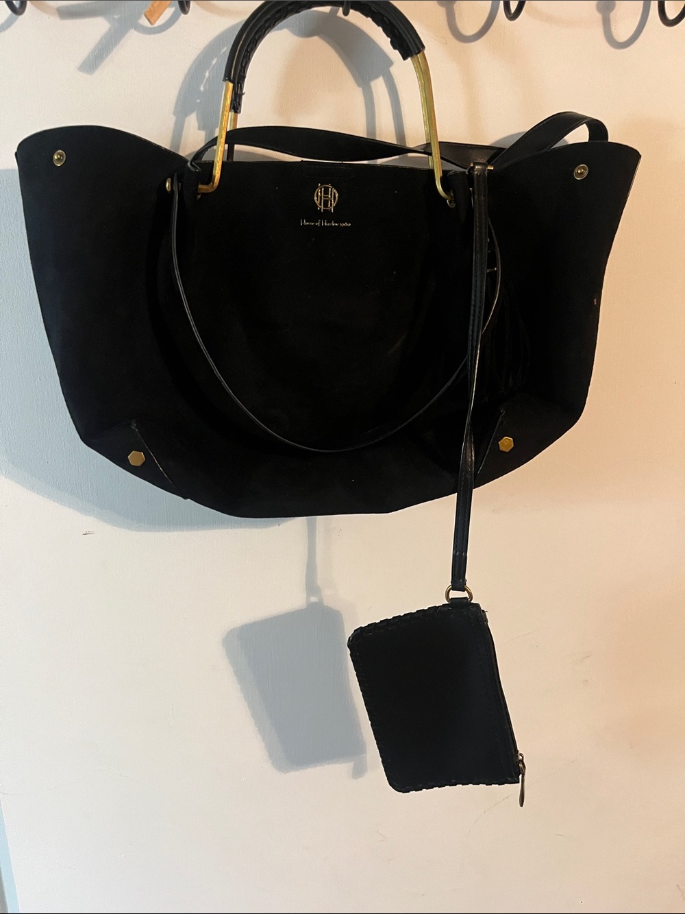 House of Harlow 1960 Black Suede Tote with Gold Hardware